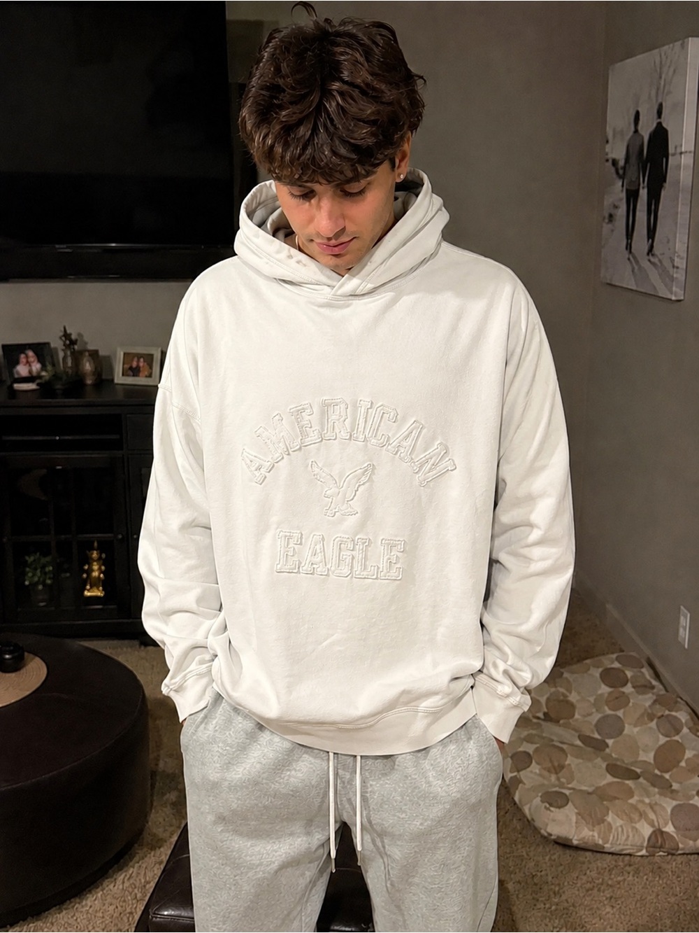 American Eagle Outfitters Cream Embroidered Logo Hoodie